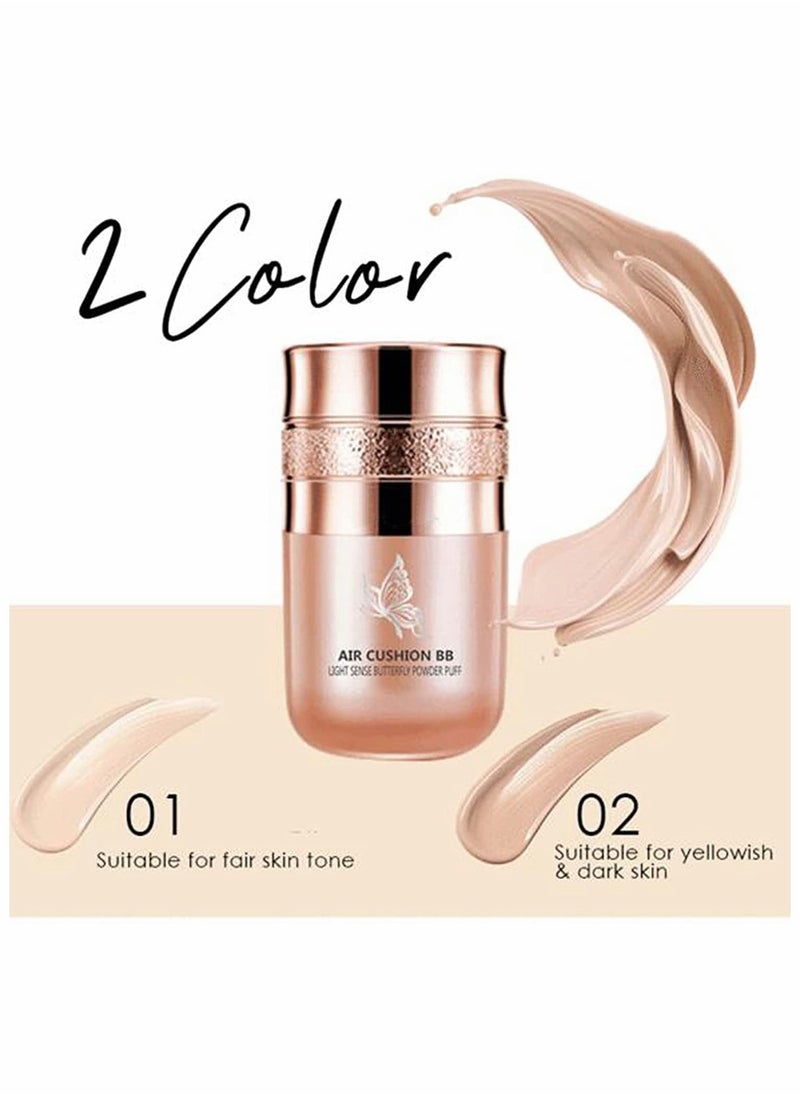 Butterfly Cushion BB Cream, Air Cushion CC Cream, Moisturizing Concealer Makeup Base Primer BB Liquid Foundation, Easy to use (Lvory White+Natural Skin Color)