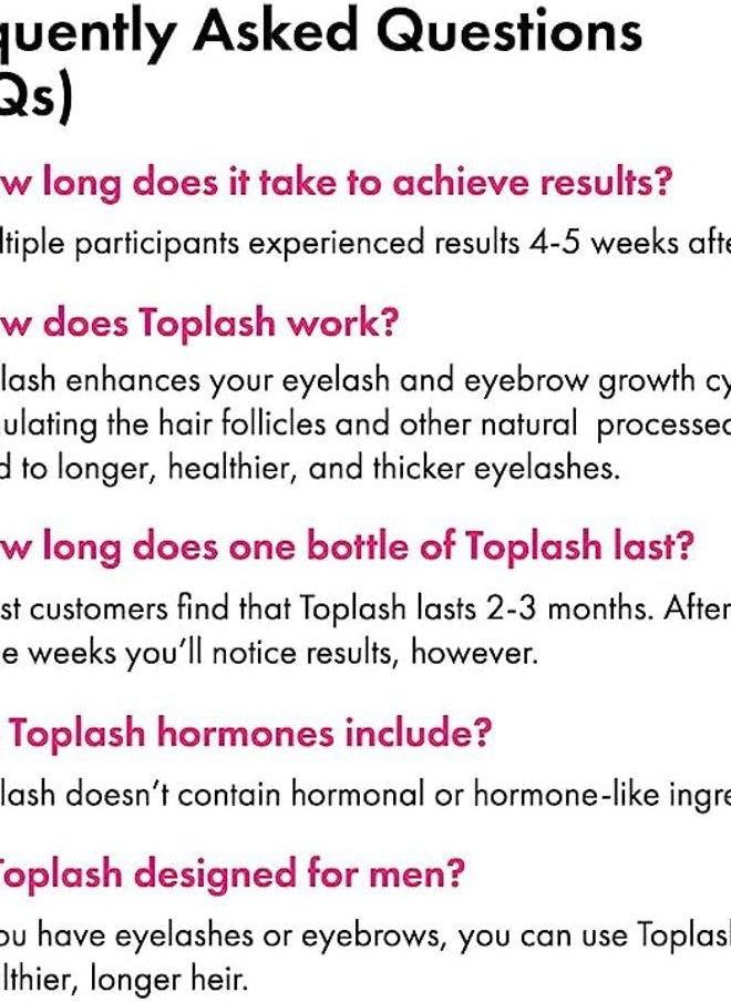 TOPLASH Eyelash Growth Serum - Innovative Formula for Longer, Thicker, Fuller Brows & Lashes - Natural, Cruelty-Free & Hypoallergenic - 0.10 fl.oz.