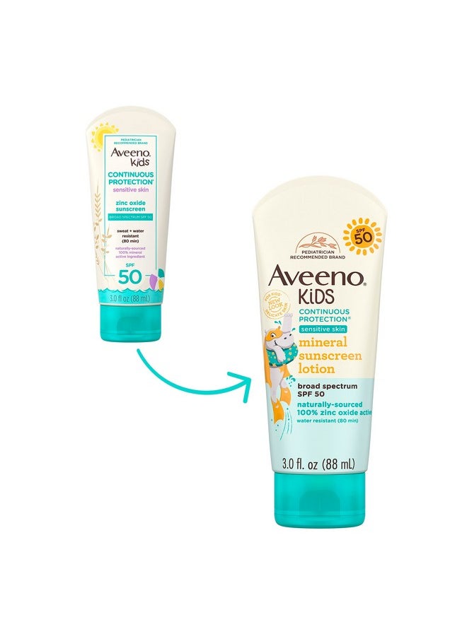 Aveeno Kids Continuous Protection Zinc Oxide Mineral Sunscreen Lotion for Children's Sensitive Skin with Broad Spectrum SPF 50, Tear-Free, Sweat- & Water-Resistant, Non-Greasy, 3 fl. oz