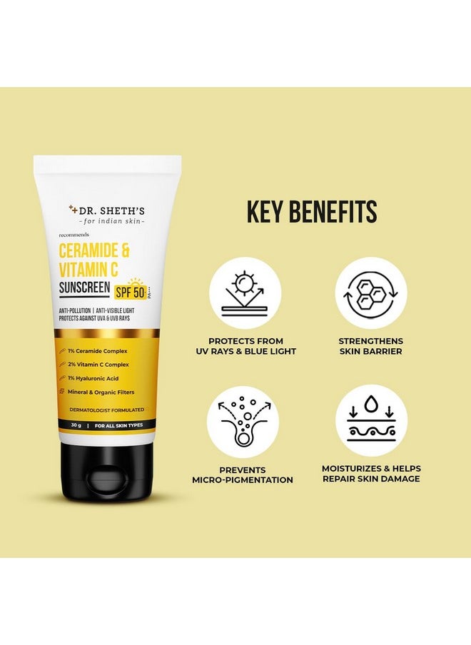 Dr. Sheth's Ceramide & Vitamin C Sunscreen | In-Vivo Tested | SPF 50+ Pa+++ | For Bright Skin & Healthy Glow | Non-Greasy, Quick-Absorbing | No White Cast | UVA/B & Bluelight Protection | For Men & Women | For All Skin Types | 50g x 2