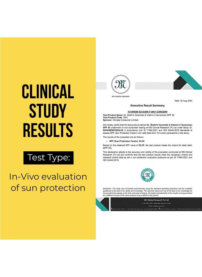 Dr. Sheth's Ceramide & Vitamin C Sunscreen | In-Vivo Tested | SPF 50+ Pa+++ | For Bright Skin & Healthy Glow | Non-Greasy, Quick-Absorbing | No White Cast | UVA/B & Bluelight Protection | For Men & Women | For All Skin Types | 50g x 2