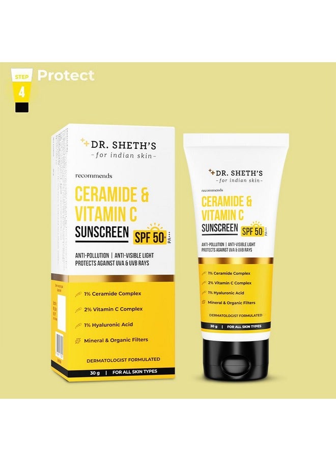 Dr. Sheth's Ceramide & Vitamin C Sunscreen | In-Vivo Tested | SPF 50+ Pa+++ | For Bright Skin & Healthy Glow | Non-Greasy, Quick-Absorbing | No White Cast | UVA/B & Bluelight Protection | For Men & Women | For All Skin Types | 50g x 2