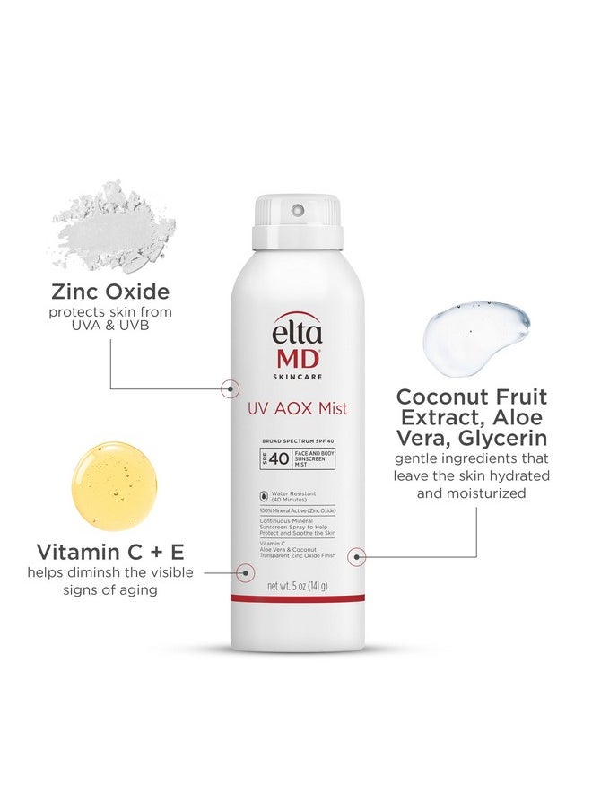 EltaMD UV AOX Mist Mineral Sunscreen Spray, SPF 40 Spray Sunscreen for Face and Body, Zinc Oxide Sunscreen Formula, 5 oz Spray Bottle