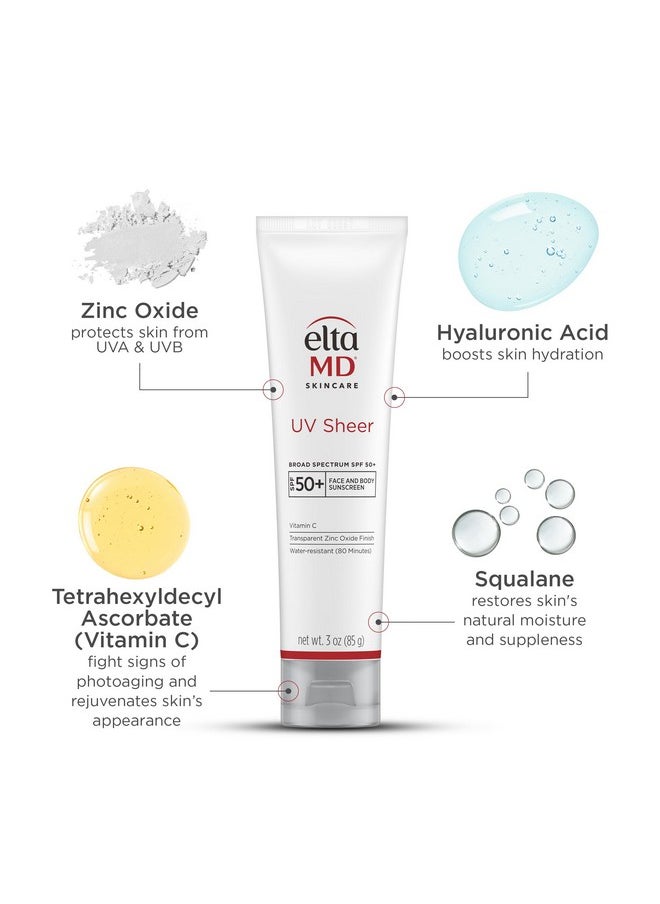 EltaMD UV Sheer Face Sunscreen, SPF 50+ No White Cast Sunscreen for Face and Body, Zinc Oxide Sunscreen Formula, 3.0 oz Tube