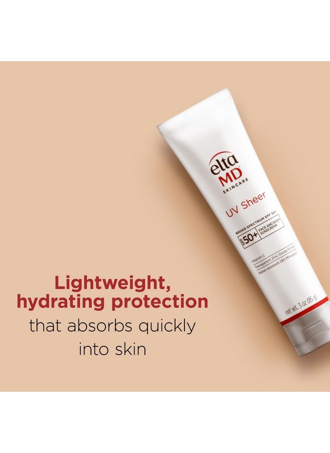 EltaMD UV Sheer Face Sunscreen, SPF 50+ No White Cast Sunscreen for Face and Body, Zinc Oxide Sunscreen Formula, 3.0 oz Tube