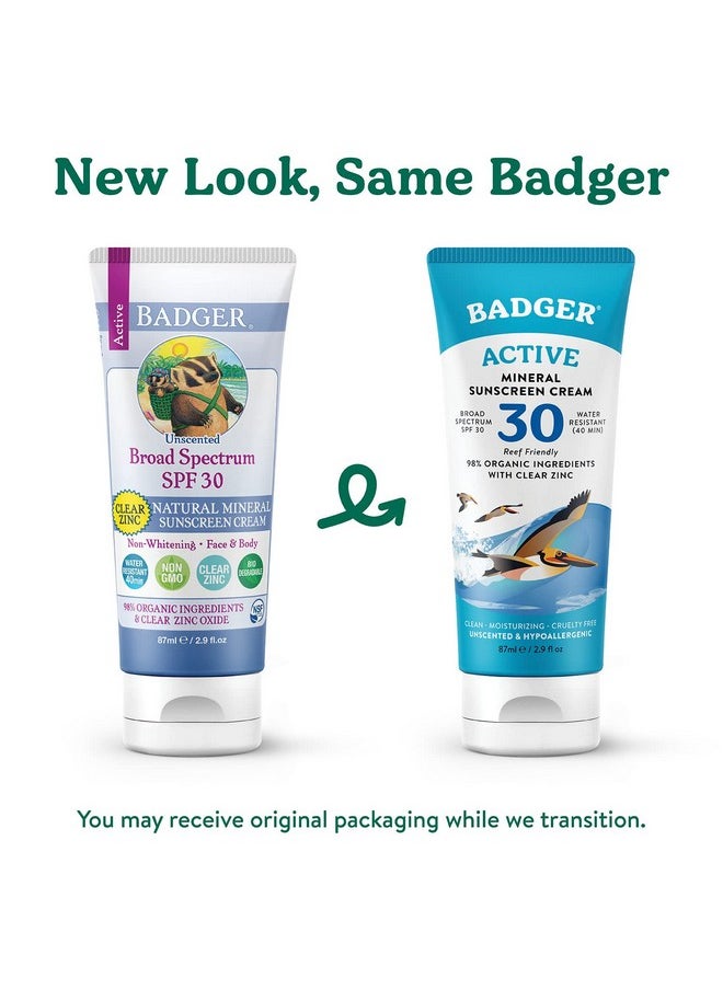 Badger Mineral Sunscreen Cream SPF 30, All Natural Sunscreen with Zinc Oxide, 98% Organic Ingredients, Reef Safe, Broad Spectrum, Water Resistant, Unscented, 2.9 fl oz