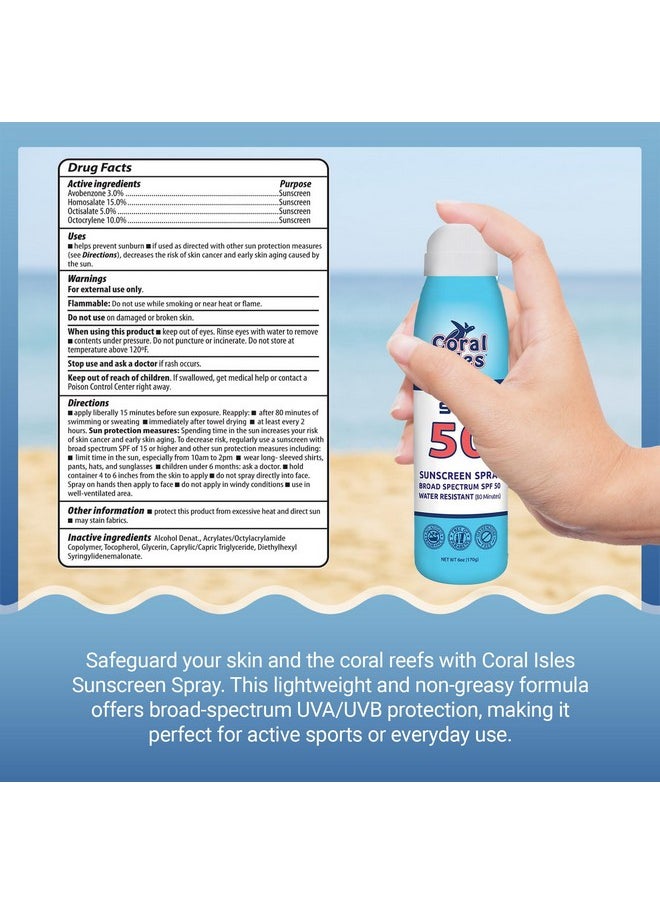Coral Isles Reef Safe Sunscreen Spray SPF 50 - Broad Spectrum UVA/UVB Protection - Octinoxate & Oxybenzone Free - Hawaii Compliant - Non-Greasy, Fragrance Free - Water Resistant - 6 Fl Oz 3 pack