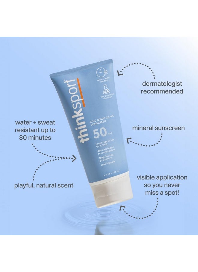 Thinksport SPF 50+ Mineral Sunscreen - Safe, Natural Sunblock for Sports & Active Use - Water Resistant Sun Cream -UVA/UVB Sun Protection - Vegan, Reef Friendly Sun Lotion, 6oz