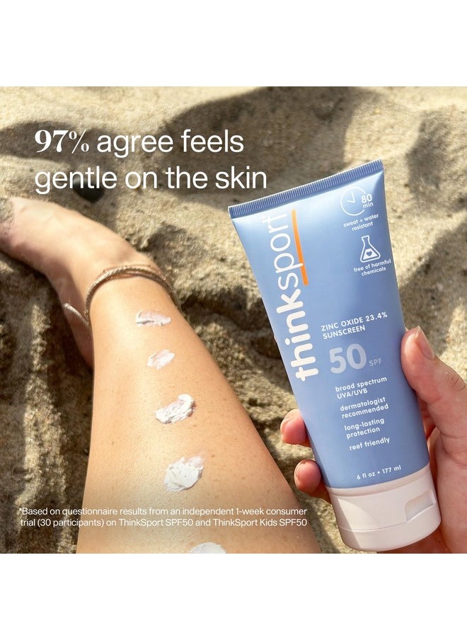 Thinksport SPF 50+ Mineral Sunscreen - Safe, Natural Sunblock for Sports & Active Use - Water Resistant Sun Cream -UVA/UVB Sun Protection - Vegan, Reef Friendly Sun Lotion, 6oz