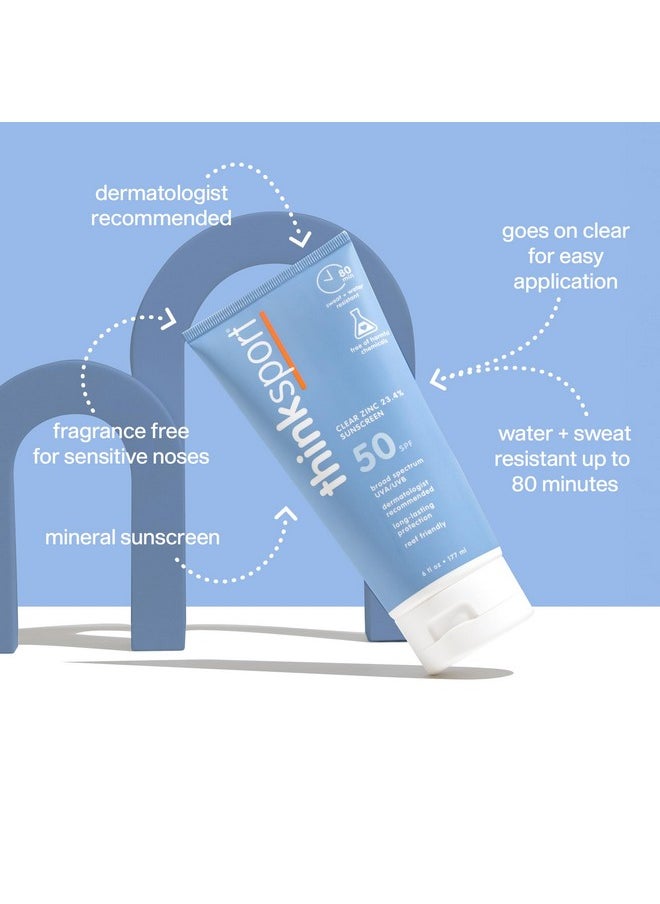 Thinksport Mineral Sunscreen, SPF 50 Clear Zinc Oxide Sunscreen, 6 Fl Oz, Water Resistant Reef Safe Sunscreen, Broad Spectrum UVA/UVB Sun Screen