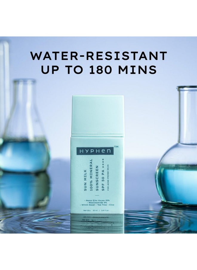 Sun Milk 100% Mineral Sunscreen Spf 50 Pa++++ Uv+ Bluelight Protection, 25% Nano Zinc Oxide | Sensitive, Acne Prone & Oily Skin, Water Resistant Sun Protect | Sunscreen For Oily, Dry Skin | Water Suncreen, Korean Sunscreen | Removes Excess Oil And Dirt | For Women And Men - 50 Ml
