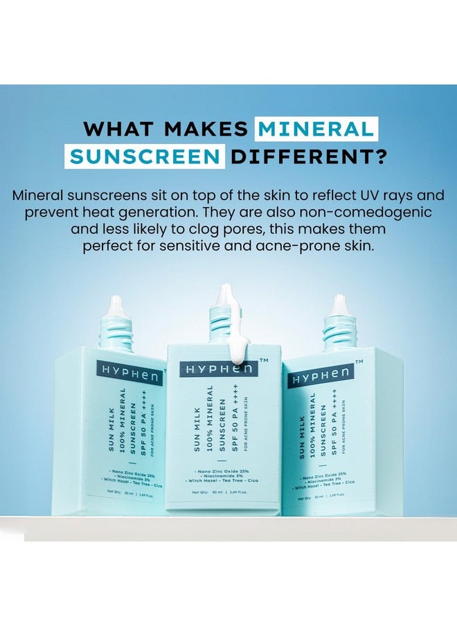 Sun Milk 100% Mineral Sunscreen Spf 50 Pa++++ Uv+ Bluelight Protection, 25% Nano Zinc Oxide | Sensitive, Acne Prone & Oily Skin, Water Resistant Sun Protect | Sunscreen For Oily, Dry Skin | Water Suncreen, Korean Sunscreen | Removes Excess Oil And Dirt | For Women And Men - 50 Ml