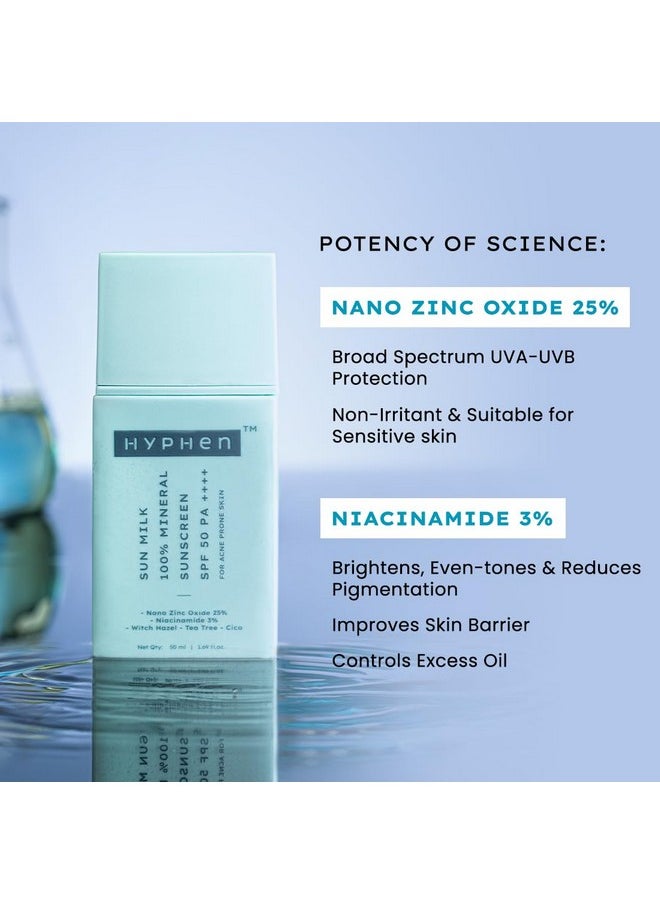 Sun Milk 100% Mineral Sunscreen Spf 50 Pa++++ Uv+ Bluelight Protection, 25% Nano Zinc Oxide | Sensitive, Acne Prone & Oily Skin, Water Resistant Sun Protect | Sunscreen For Oily, Dry Skin | Water Suncreen, Korean Sunscreen | Removes Excess Oil And Dirt | For Women And Men - 50 Ml