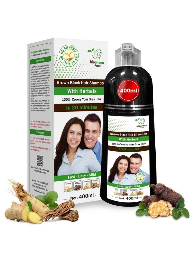 BIOGREEN ROOTS Ammonia-Free Herbal Hair Shampoo - Effectively Covers Gray Hair for Men and Women - Natural Color and Herbal Nourishment - No Stain on Skin - Brown Black (400 ml)