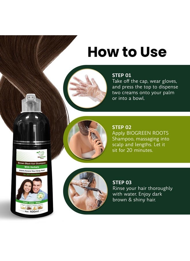 BIOGREEN ROOTS Ammonia-Free Herbal Hair Shampoo - Effectively Covers Gray Hair for Men and Women - Natural Color and Herbal Nourishment - No Stain on Skin - Brown Black (400 ml)