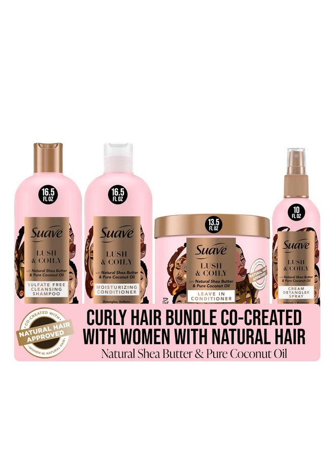 Suave Luscious Curly Hair Shampoo and Conditioner Set for Women With Natural Hair, with Leave-In Conditioner for Curly Hair and Detangling Spray, 4 Count