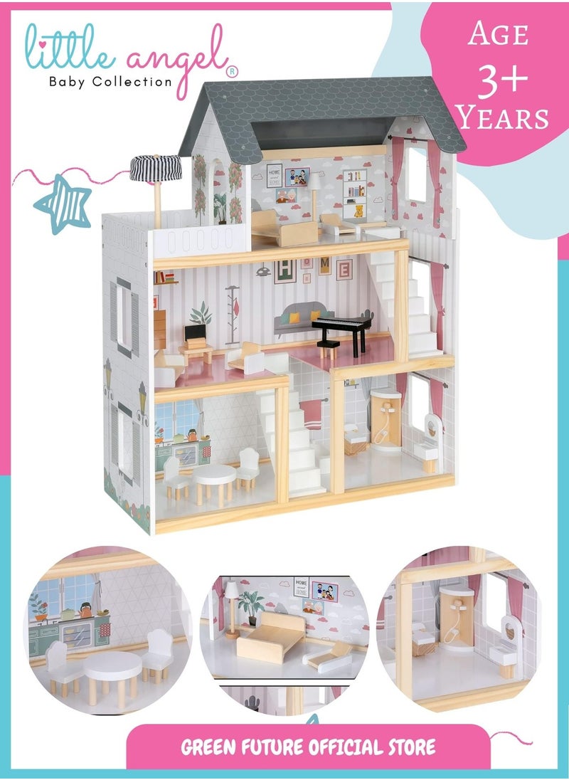 Kids Wooden Dollhouse Luxury Three-Story Playset with Furniture, Indoor Pretend Play, Modern & Educational Toy for Toddlers