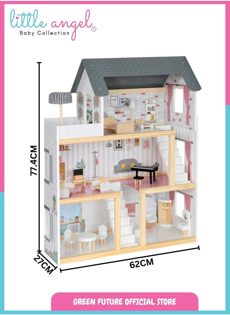 Kids Wooden Dollhouse Luxury Three-Story Playset with Furniture, Indoor Pretend Play, Modern & Educational Toy for Toddlers