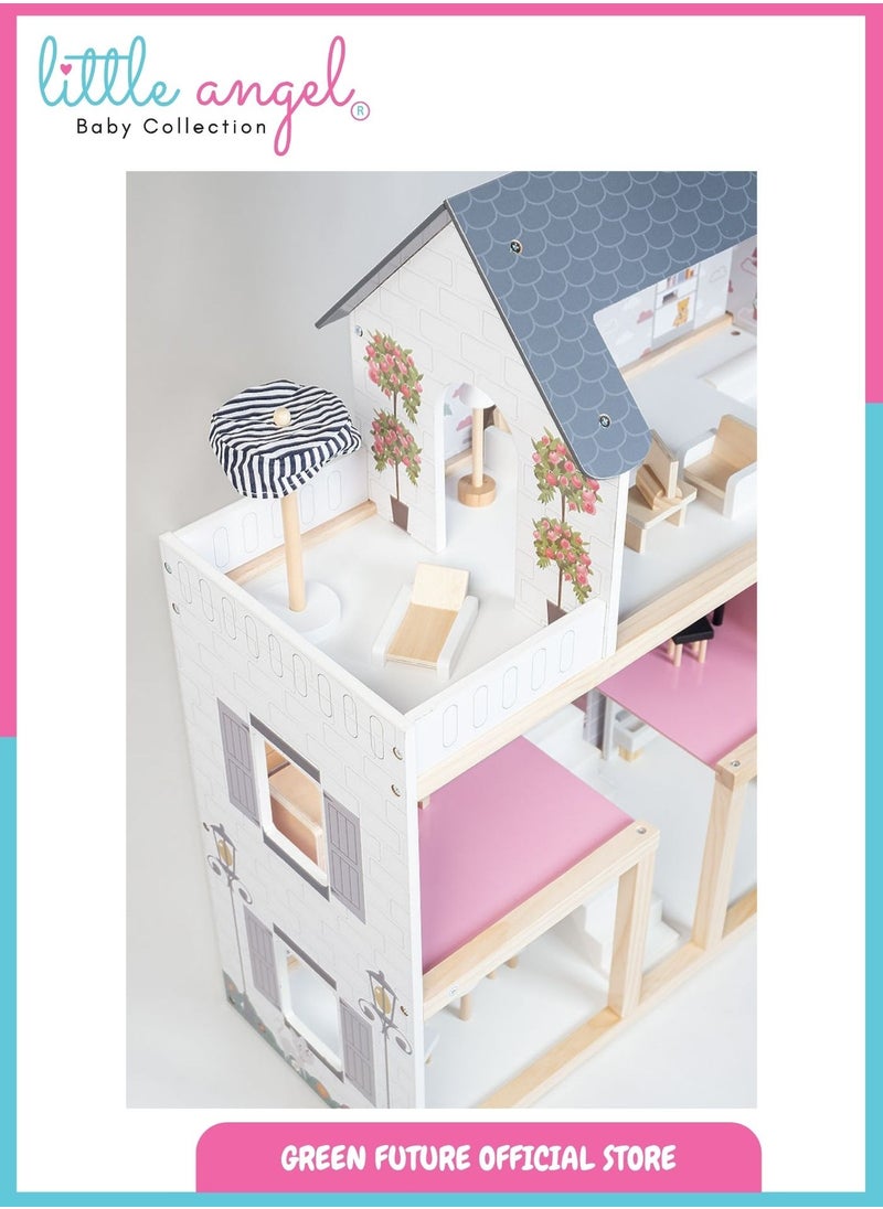 Kids Wooden Dollhouse Luxury Three-Story Playset with Furniture, Indoor Pretend Play, Modern & Educational Toy for Toddlers