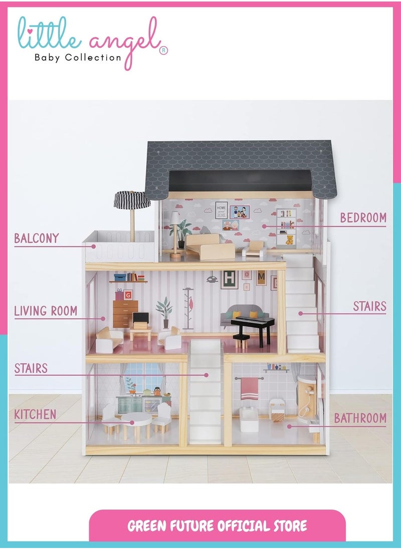 Kids Wooden Dollhouse Luxury Three-Story Playset with Furniture, Indoor Pretend Play, Modern & Educational Toy for Toddlers