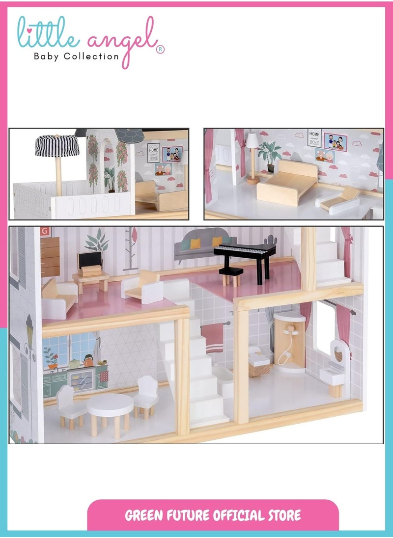 Kids Wooden Dollhouse Luxury Three-Story Playset with Furniture, Indoor Pretend Play, Modern & Educational Toy for Toddlers