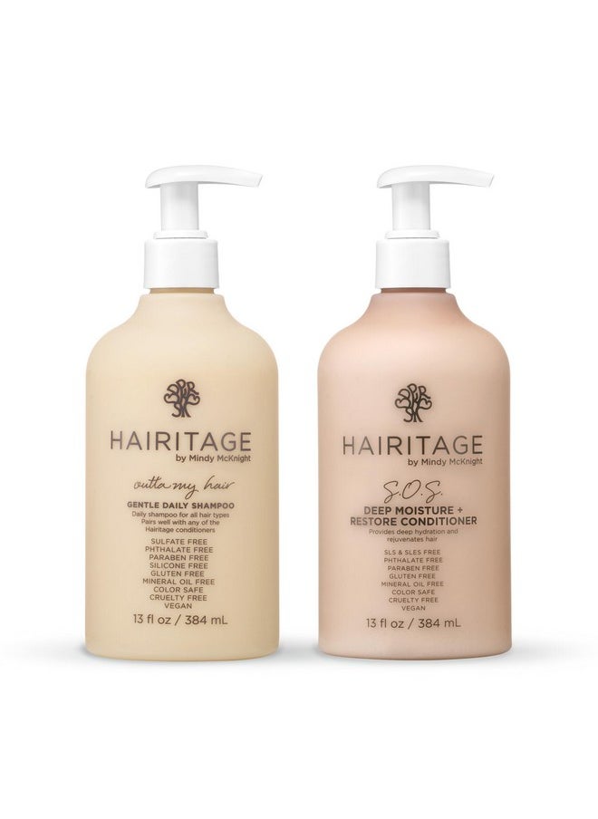 Hairitage Outta My Hair Gentle Daily Shampoo - Cleanses and Hydrates with Jojoba Oil - SOS Deep Moisture and Restore Conditioner for Thick Hair with Safflower Oil - 13 oz
