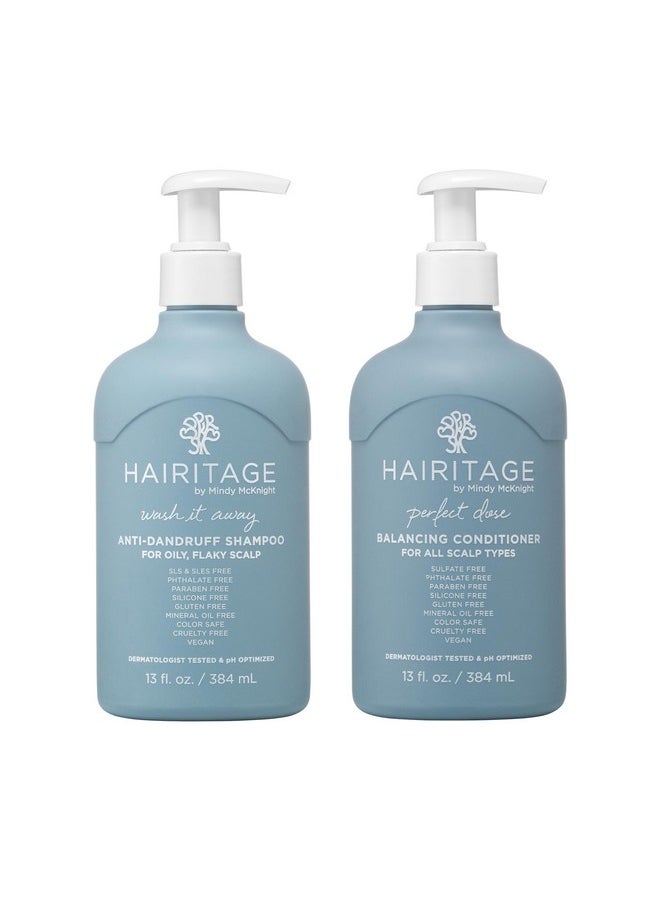 Hairitage Wash It Away Anti-Dandruff Shampoo - For Oily, Flaky Scalp - Reduces Dandruff + Perfect Dose Balancing Conditioner - Moisturizes and Soothes - 13 fl oz