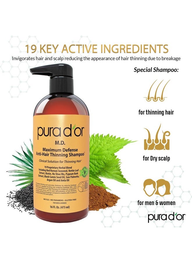 PURA D'OR MD Anti-Thinning Biotin Shampoo & Conditioner Set (16oz x2) Maximum Defense Coal-Tar Strong Scented DHT Blocker Hair Thickening Products For Women & Men, Daily Shampoo For Scalp Health