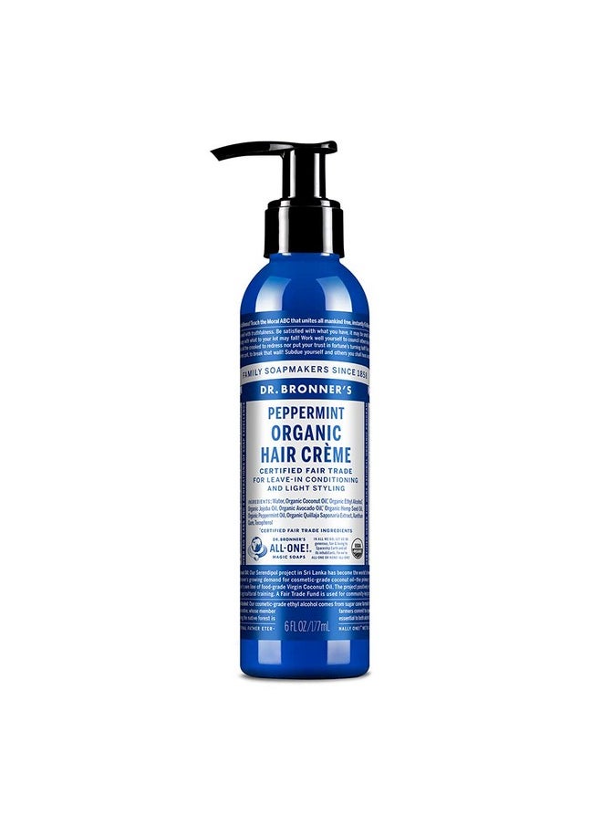 Dr. Bronner's - Organic Hair Crème (Peppermint, 6 Ounce) - Leave-In Conditioner and Styling Cream, Made with Organic Oils, Hair Cream Supports Shine and Strength, Nourishes Scalp, Non-GMO