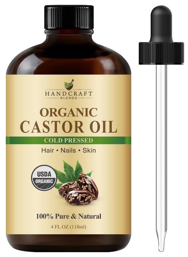 Handcraft Blends Cold-Pressed Organic Castor Oil in Glass Bottle - 4 Fl Oz - 100% Pure and Natural - Premium Grade Oil for Hair Growth, Eyelashes and Eyebrows - Carrier Oil - Hair and Body Oil