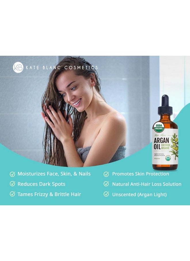 Kate Blanc Cosmetics Argan Oil for Hair, Face & Skin from Morocco. Promotes Hair Growth (4oz, USDA Certified Organic, Cold Pressed & 100% Pure, Light)