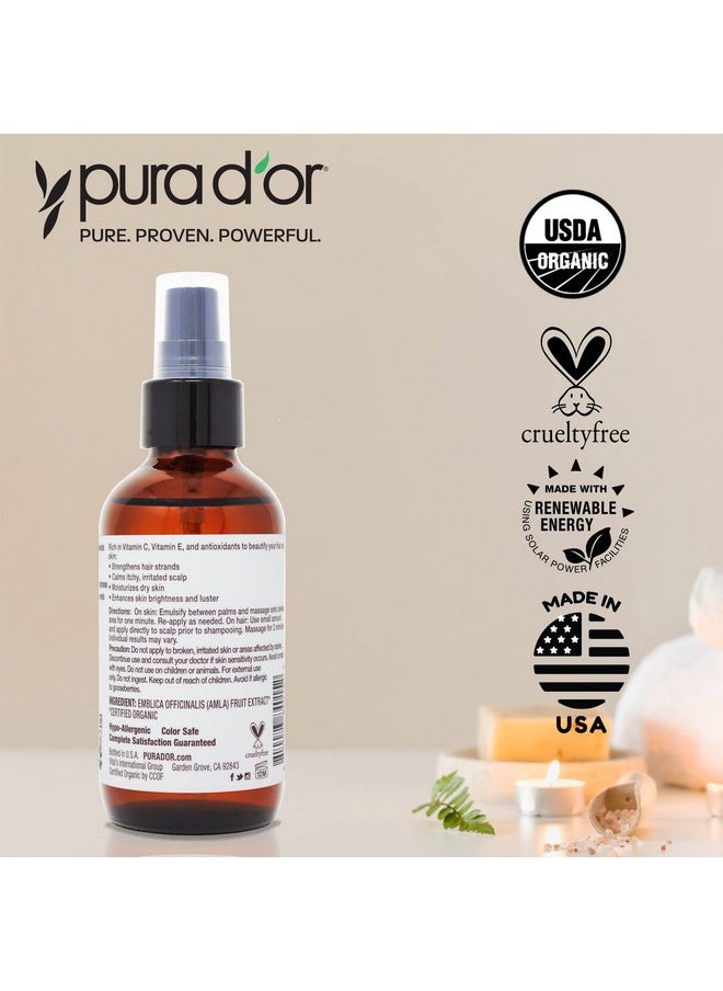 PURA D'OR 4 Oz ORGANIC Amla Oil, 100% Pure USDA Certified Premium Grade Oil, Cold Pressed, Unrefined, Extra Virgin, Indian Hair Care Oil, Hair Serum & Thickening Hair Product w/Pump for Women & Men