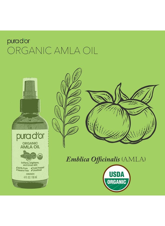 PURA D'OR 4 Oz ORGANIC Amla Oil, 100% Pure USDA Certified Premium Grade Oil, Cold Pressed, Unrefined, Extra Virgin, Indian Hair Care Oil, Hair Serum & Thickening Hair Product w/Pump for Women & Men