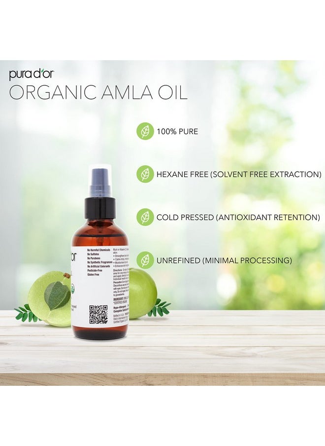 PURA D'OR 4 Oz ORGANIC Amla Oil, 100% Pure USDA Certified Premium Grade Oil, Cold Pressed, Unrefined, Extra Virgin, Indian Hair Care Oil, Hair Serum & Thickening Hair Product w/Pump for Women & Men