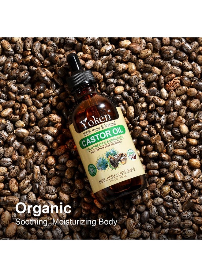 Yoken Castor Oil Organic USDA Certified 4oz Glass Bottle - 100% Pure, Cold Pressed, Hexane Free, Virgin Caster Oils for Face, Eyelash, Eyebrow, Hair - with Lash Starter Kit & Empty Roller Ball Bottle