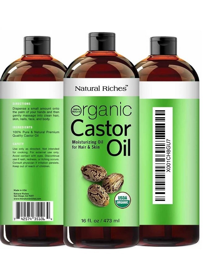 Natural Riches Organic Castor Oil - Cold Pressed, USDA Certified for Hair Growth, Thicker Eyelashes, Eyebrows - Moisturizes Dry Skin and Hair, Helps with Dandruff - Hexane-Free, 16 fl. oz.