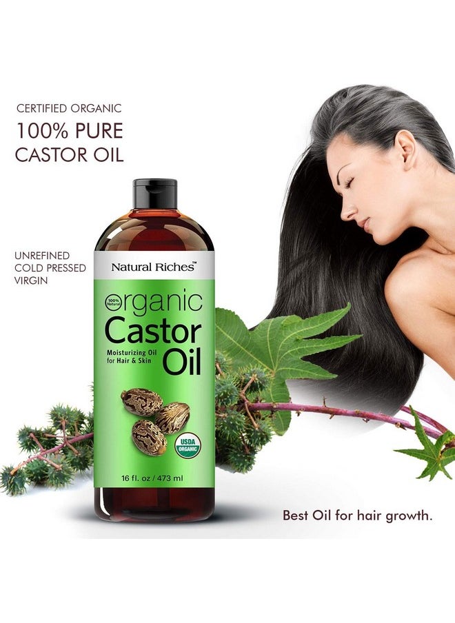 Natural Riches Organic Castor Oil - Cold Pressed, USDA Certified for Hair Growth, Thicker Eyelashes, Eyebrows - Moisturizes Dry Skin and Hair, Helps with Dandruff - Hexane-Free, 16 fl. oz.