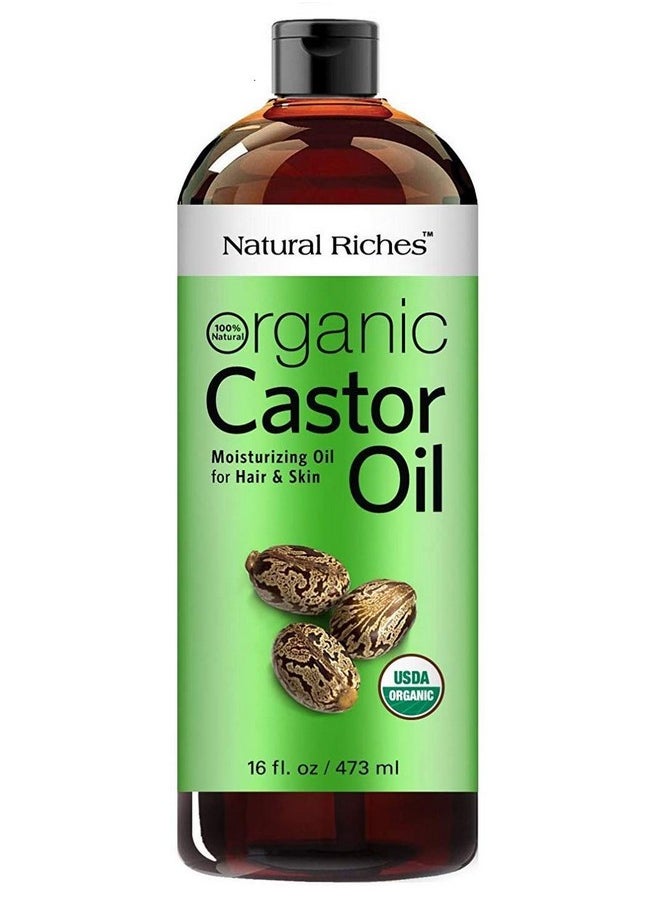 Natural Riches Organic Castor Oil - Cold Pressed, USDA Certified for Hair Growth, Thicker Eyelashes, Eyebrows - Moisturizes Dry Skin and Hair, Helps with Dandruff - Hexane-Free, 16 fl. oz.