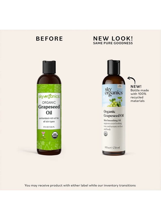 Sky Organics Organic Grapeseed Oil, Skin Smoothing Oil to Support Healthy and Even-Looking Skin Tone and Texture on Face and Body, for All Skin Types, 100% Pure & Cold-Pressed, 8 fl. Oz