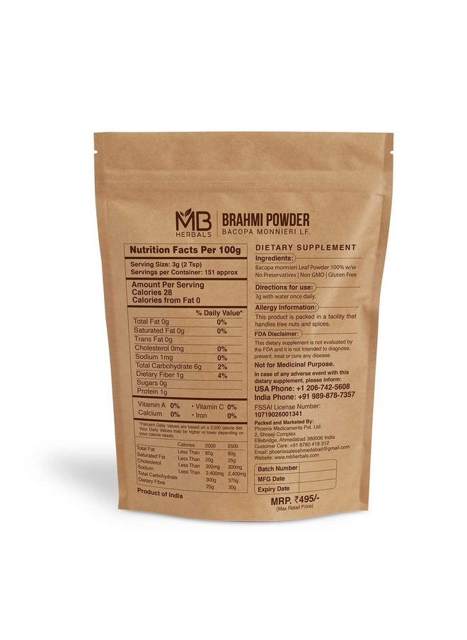 MB Herbals Pure Brahmi Powder 454g | 1 LB | Bacopa Powder | Promotes Hair Growth