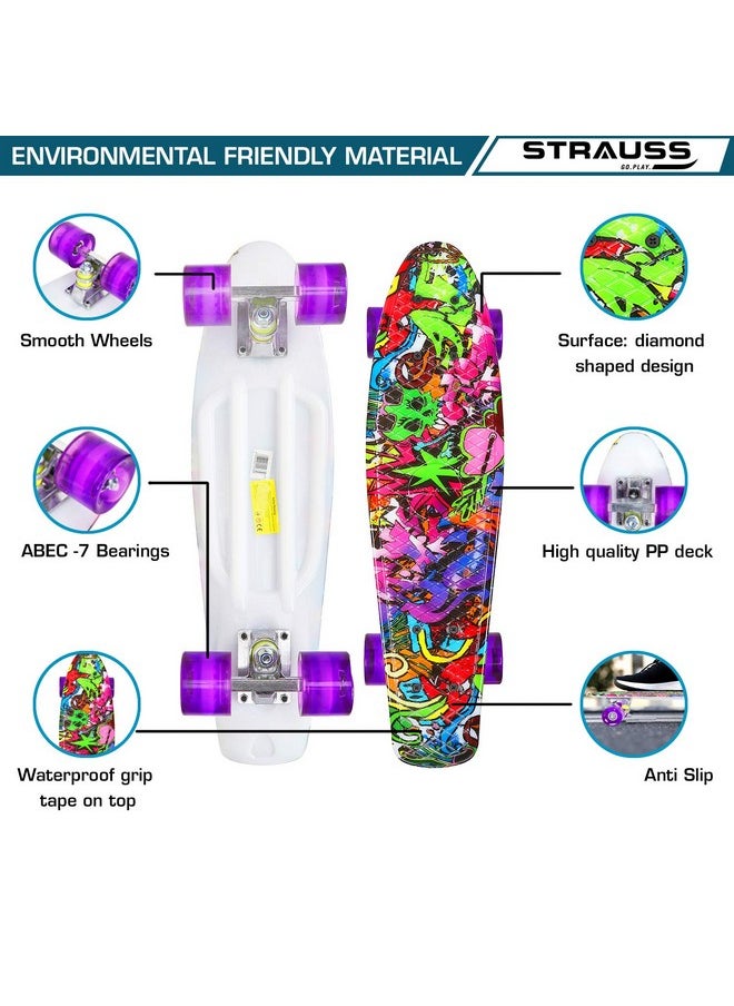 STRAUSS Cruiser PW Skateboard| Penny Skateboard | Casterboard | Hoverboard | Anti-Skid Board with ABEC-7 High Precision Bearings | PU Wheel with Light | Ideal for 8 Years and Above | 22 X 6 Inch