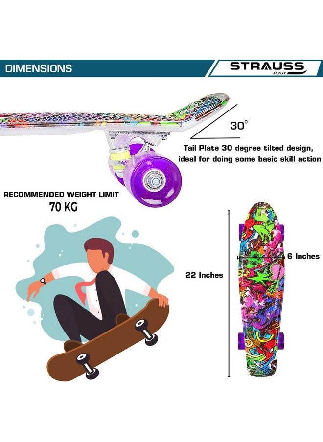 STRAUSS Cruiser PW Skateboard| Penny Skateboard | Casterboard | Hoverboard | Anti-Skid Board with ABEC-7 High Precision Bearings | PU Wheel with Light | Ideal for 8 Years and Above | 22 X 6 Inch