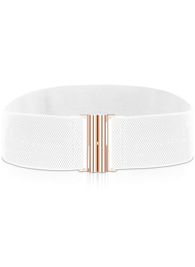 Women Elastic Wide Belt,Waist Belt with Flat Buckle(White)