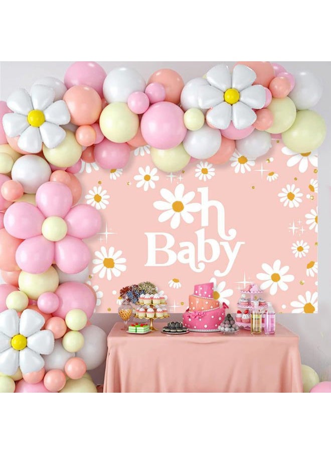 Daisy Baby Shower Backdrop 7x5ft Groovy Daisy Baby Shower Party Decorations Background Boho Daisy Floral Groovy Baby Shower Decor Cake Table Portrait Photo-Shoot Studio Props (Pink)