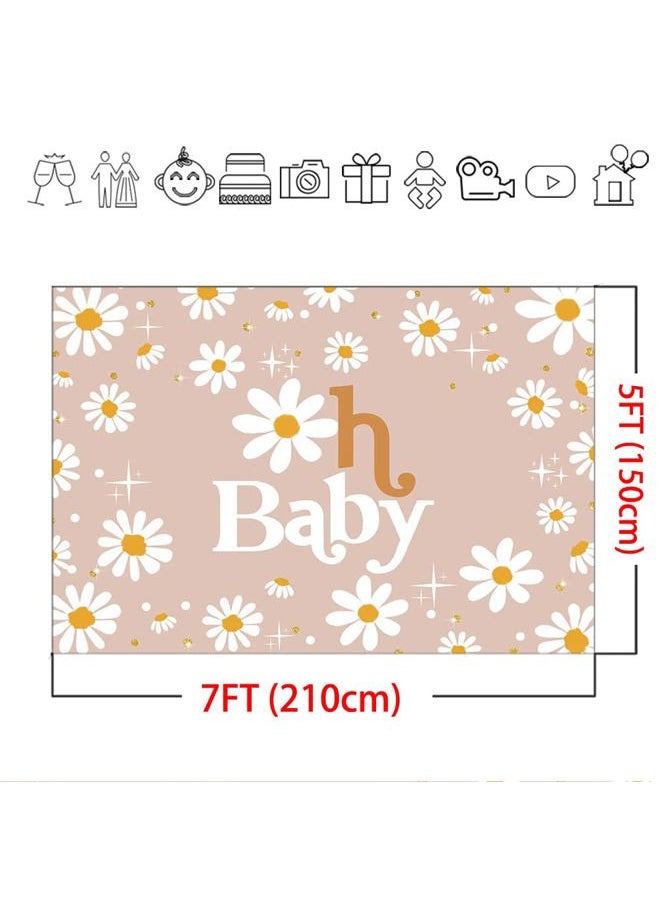 Daisy Baby Shower Backdrop 7x5ft Groovy Daisy Baby Shower Party Decorations Background Boho Daisy Floral Groovy Baby Shower Decor Cake Table Portrait Photo-Shoot Studio Props (Beige)