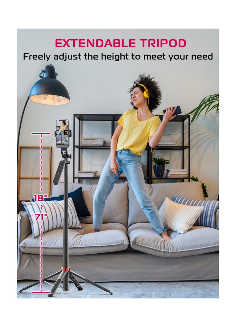 MA09 Scalable Phone Tripod, 71 Bluetooth Selfie Stick, Universal Mobile Phone Live Broadcast Floor Stand with All in 1 Phone Clip, Aluminum Alloy Handheld Stabilizer Fit for iphone