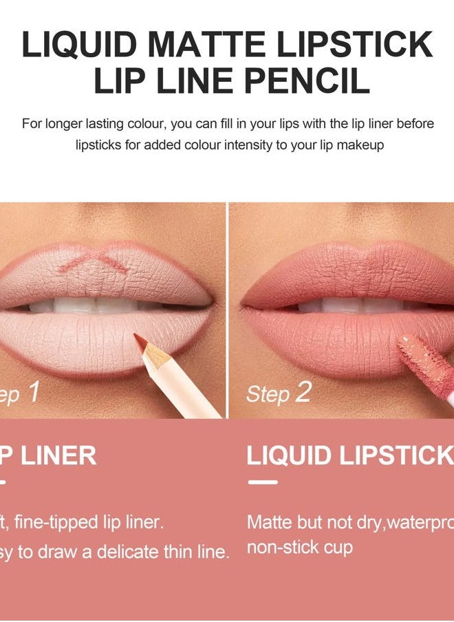 Lip Liner and Liquid Matte Lipstick Set, 12 Colors Crayon Matte Longwear Lip Pencil, 24h Velvety Red Lips and Lip Liners Make Up, Lip Contouring Pencil, Waterproof Long Lasting Nude Lipglos