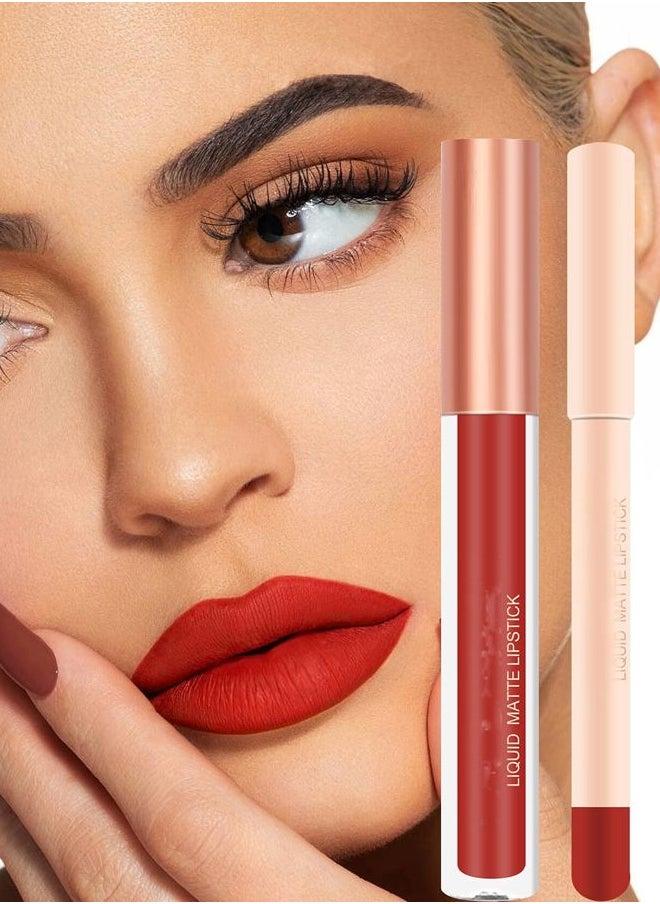 Lip Liner and Liquid Matte Lipstick Set, 12 Colors Crayon Matte Longwear Lip Pencil, 24h Velvety Red Lips and Lip Liners Make Up, Lip Contouring Pencil, Waterproof Long Lasting Nude Lipglos
