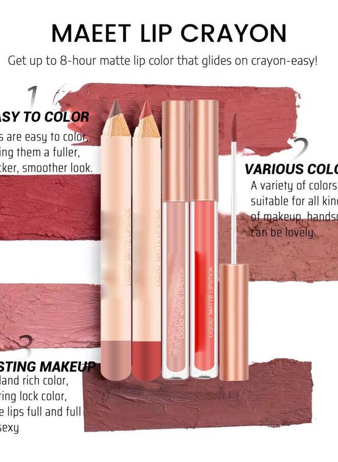 Lip Liner and Liquid Matte Lipstick Set, 12 Colors Crayon Matte Longwear Lip Pencil, 24h Velvety Red Lips and Lip Liners Make Up, Lip Contouring Pencil, Waterproof Long Lasting Nude Lipglos