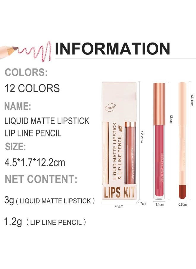 Lip Liner and Liquid Matte Lipstick Set, 12 Colors Crayon Matte Longwear Lip Pencil, 24h Velvety Red Lips and Lip Liners Make Up, Lip Contouring Pencil, Waterproof Long Lasting Nude Lipglos
